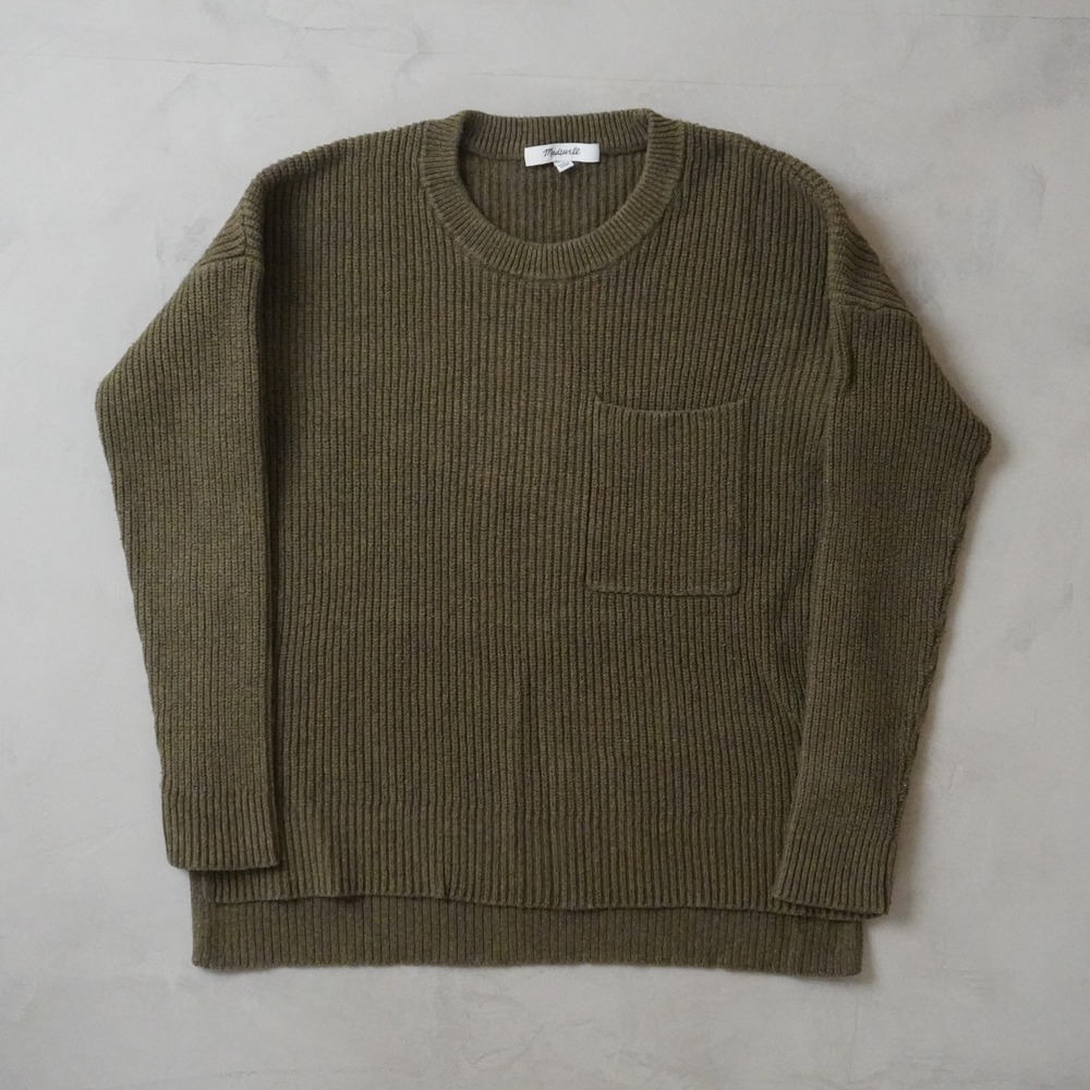 Madewell Shaker Stitch Pocket Sweater XS Womens Green Cotton Blend Pullover